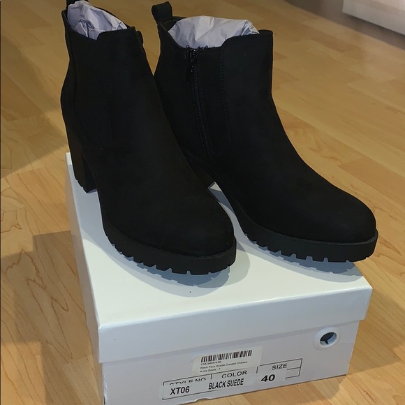 Black Faux Suede Cleated Chelsea Ankle Boots - Picture 2 of 3